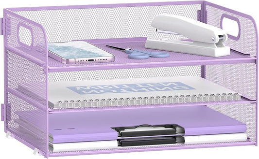 DALTACK 3 Tier Paper Organizer with Handle, Mesh Metal Desk Organizer with Sliding Paper Trays for Letter/A4 Paper, Mail, Bills & Folders, Purple