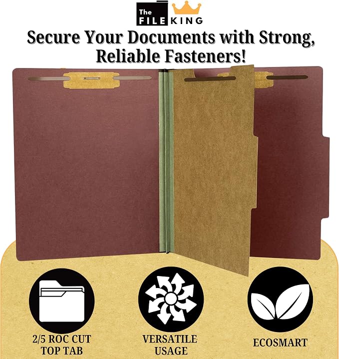 The File King One Divider Brick Red Pressboard Classification File Folder - Letter Size | Box of 10 | Top Tab | 2” Expansion | Four 2-Inch Durable Fastener Prongs | USA Made