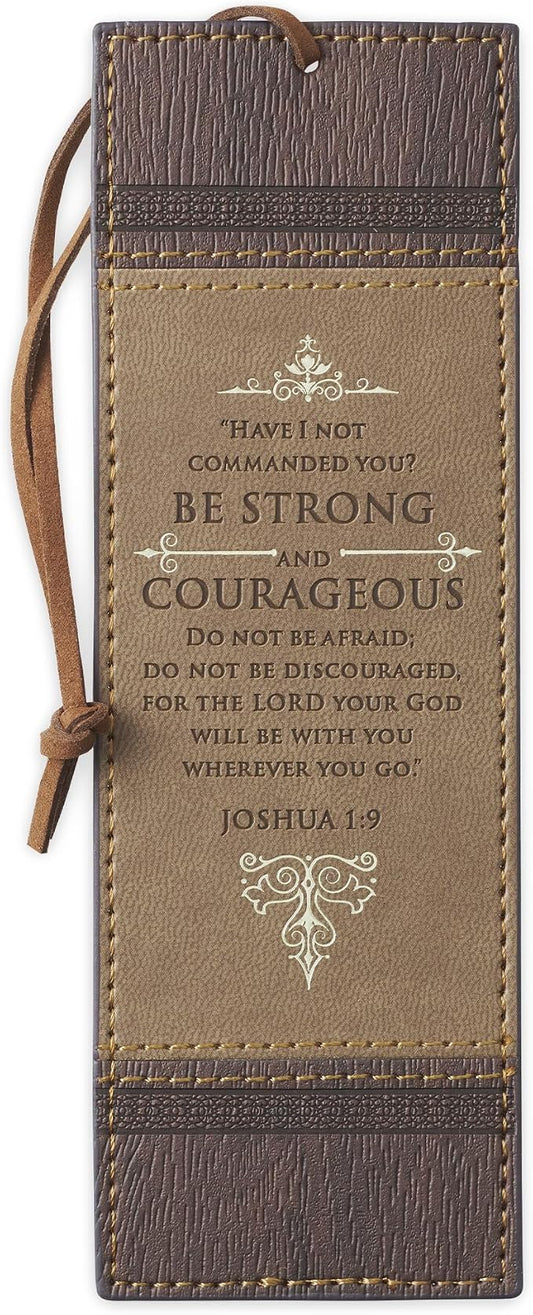 Christian Art Gifts Vegan Faux Leather Scripture Bookmark for Men: Strong and Courageous - Joshua 1:9 Inspirational Bible Verse Heat-Debossed Faith-Based Reading Book Accessory with Cord Tassel, Brown