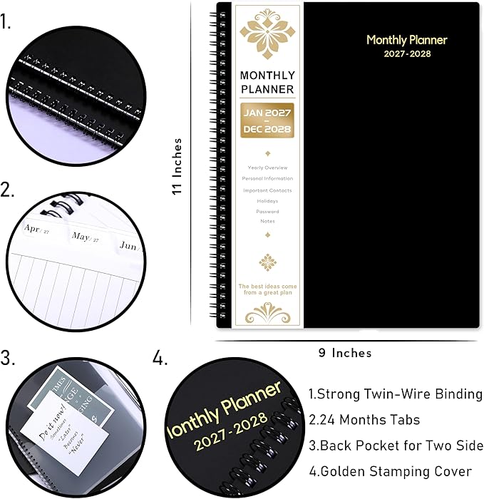 2027-2028 Monthly Planner - 2 Year Planner 2027-2028, JAN 2027 - DEC 2028, 9" x 11", 2 Year Calendar 27-28 Monthly Planner with Tabs, Pocket, Label, Contacts - Black