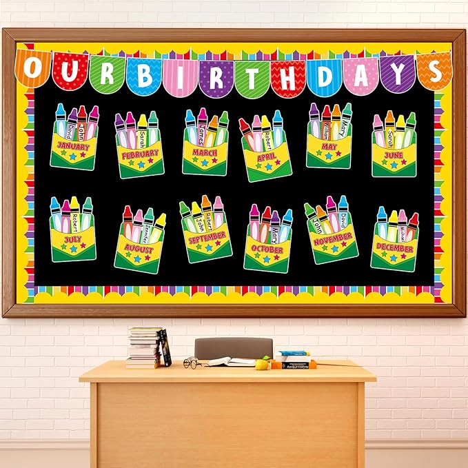 Justforjoyful Birthday Bulletin Board Classroom Decorations Crayon Box Cutouts Colorful Crayon Name Tags Decoration for Wall Chalkboard Decors Preschool Classroom Decor Teacher Back to School Supplies