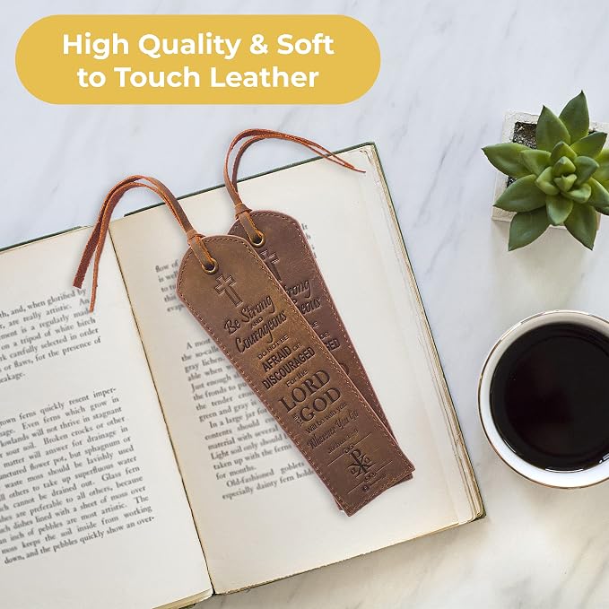 Leather Bible Bookmarks - 2 Leather Christian Bookmarks with Inspirational Bible Verse | Joshua 1: 9 Be Strong & Courageous | Perfect Religious Book Marker Gifts for Men, Women, Readers and Friends