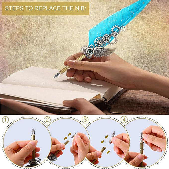 NC Quill Pen Ink Set Includes 5 Bottles of Ink and 6 Replaceable Stainless Steel Nibs, Feather Pen for Writing, Signing Invitations Etc. (Sky Blue)