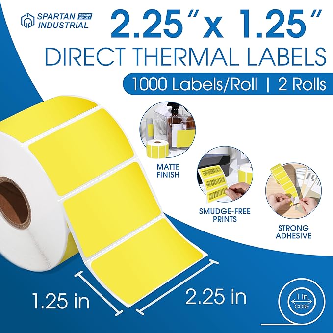 Spartan Industrial - 2.25" X 1.25" Yellow Direct Thermal Labels (2000 Count, 2 Rolls) Perforated Barcode Address Stickers - Compatible with Rollo, Zebra, MUNBYN Desktop Printers