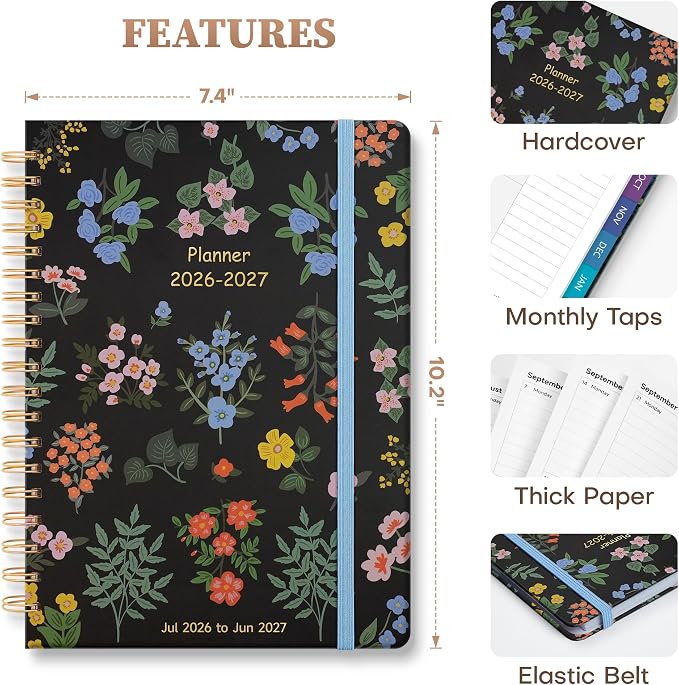 Planner 2026-2027 Monthly and Weekly Academic Planner July 2026 - June 2027, Hardcover Calendar 2026-2027 Agenda Daily Planner for Student Teacher School Office Supplies, 7.4" x 10.2", Vintage Floral