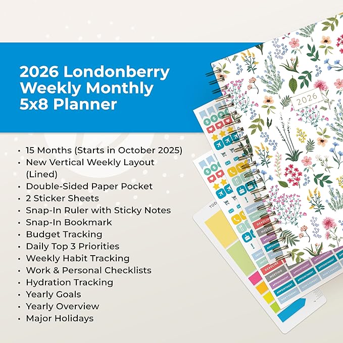 Blue Sky 15 Month 2026 Weekly and Monthly Planner Calendar, October 2025 - December 2026, 5" x 8", Hard Cover, Durable Twin Wire Binding, Laminated Tabs, Storage Pocket, Includes Ruler, Sticky Notes & Stickers, Londonberry