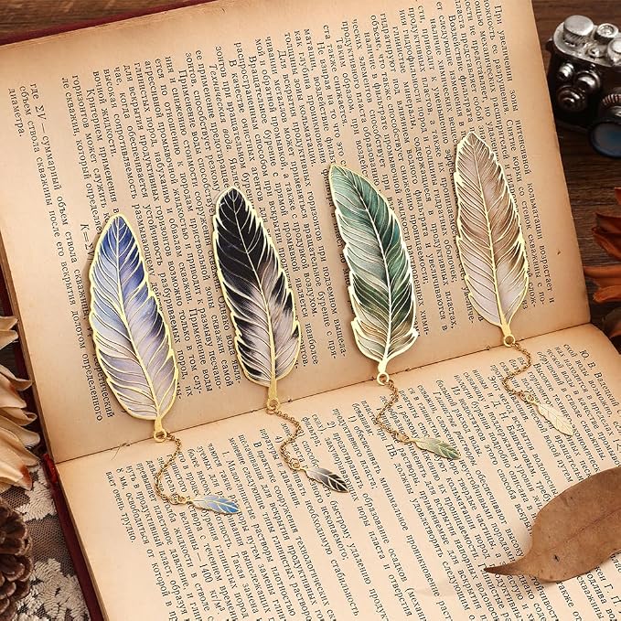 icceemee 4pcs Metal Feather Bookmarks with Bookmarks for Women, Writers, Readers Durable Book Markers Book Accessories Unique Gifts for Men, Women