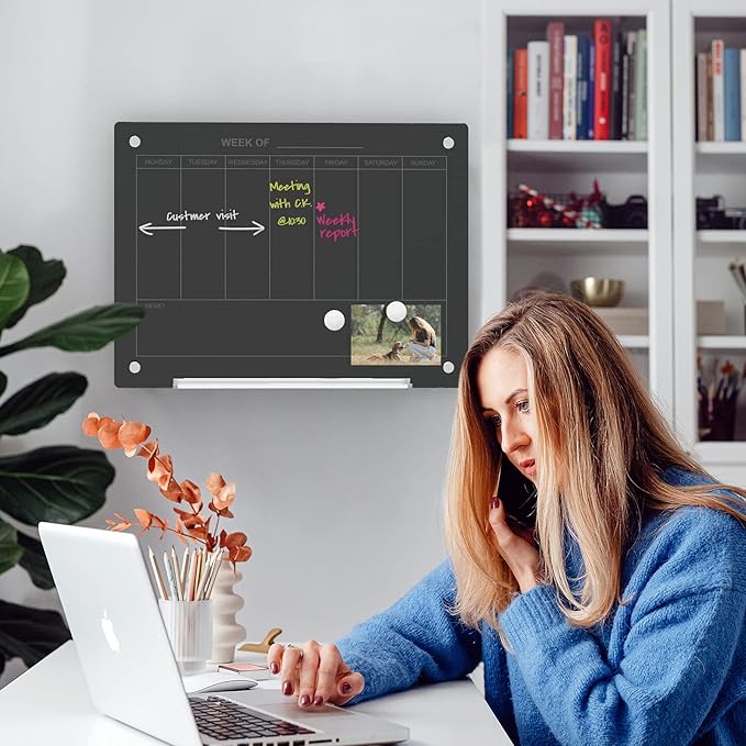 Audio-Visual Direct Magnetic Black 7 Day Calendar Glass Dry-Erase Board Set - 2' x 1.5' - for Wall - Weekly Planner