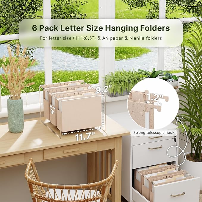 XINGIA Extra Capacity Hanging File Folders with Tabs,3'' Expandable Letter Size File Hanging Folders for Filing Cabinet,6 Pack Wheat Straw Pink Filing Folders for Bulky File,Plastic File Organizer