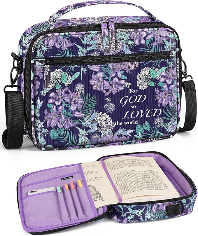 Bible Cover for Women, Large Vegan Leather Bible Case with Shoulder Strap, Mothers Day Christian Gifts for Mom & Wife, Planner Case (Purple)