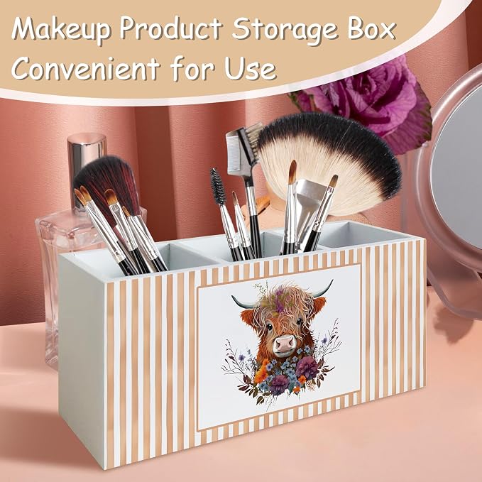 Floral Highland Cow Pen Pencil Holder Organizer for Desk, Highland Cow Lover Gifts, Farmhouse Farm Animal Heifer Wooden Box Block Sign for Home Classroom Dorm Office Tabletop Decor