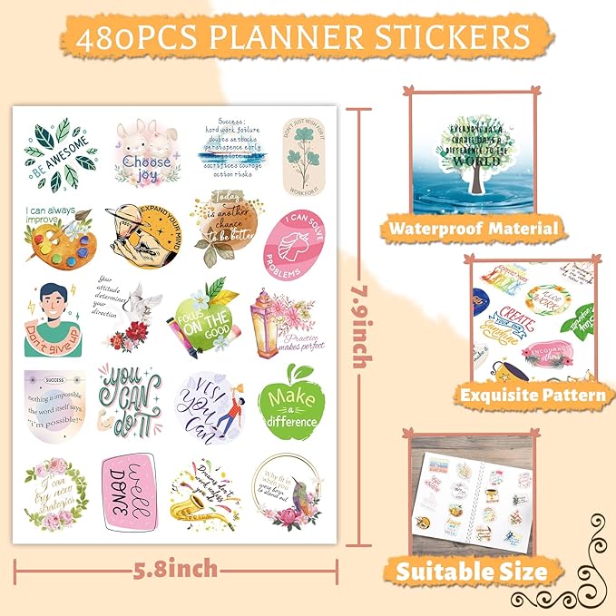 480PCS Inspirational Happy Planner Stickers for Adults Organizers Scrapbooking Supplies Waterproof Stickers Aesthetic Quotes Journaling Sticker for Kids Teens Teacher Supplies
