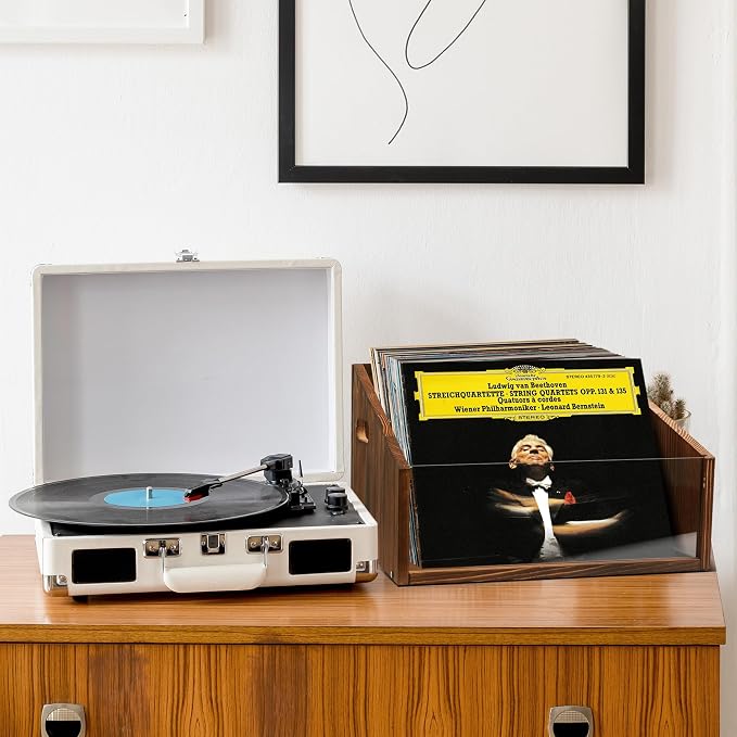 GRETJOB Vinyl Record Storage Crate - Wooden & Acrylic Record Storage Holds 70+ Records, Books, Files - Desktop & Home Office Storage with Handle (Brown)