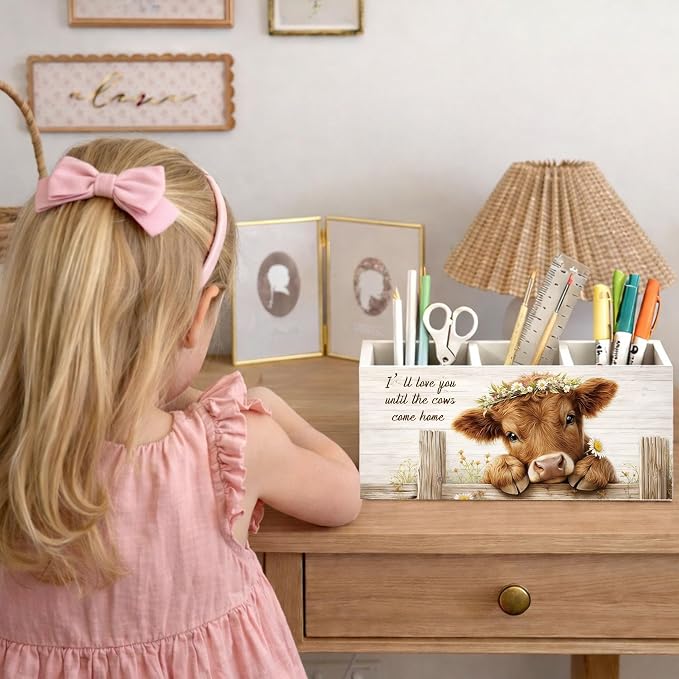 Highland Cow Desk Organizer Wooden Pen Pencil Holder for Desk, 3 Compartments Farmhouse Office Desk Accessories, Cow Lover Gift Farm Animal Desk Decor for Home Office Table Storage
