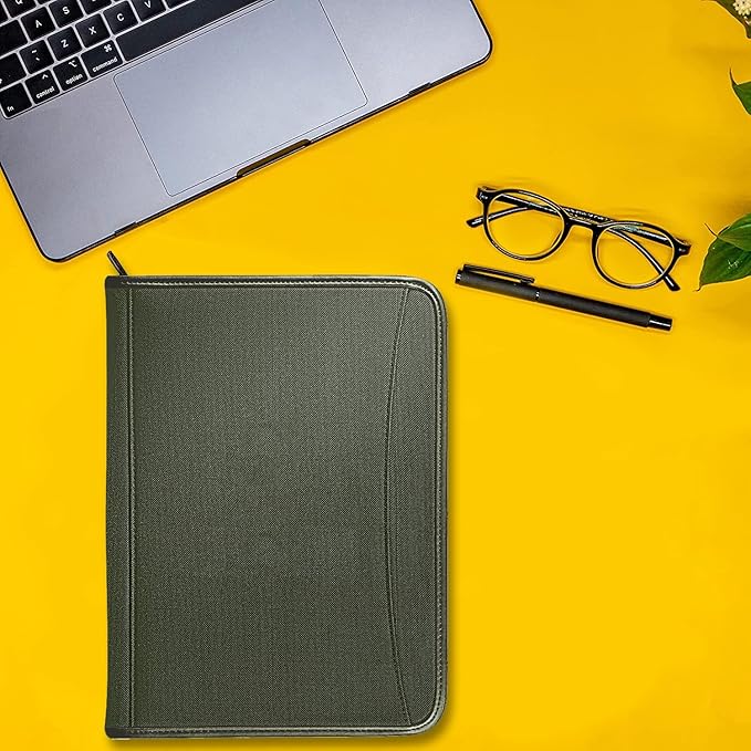 Zippered Portfolio Organizer/ A4 Refillable Lined Writing Notepad Folder Case/Fabric-Covered Padfolio Binder with Interior Storage Pocket for Men Women.Dark Olive