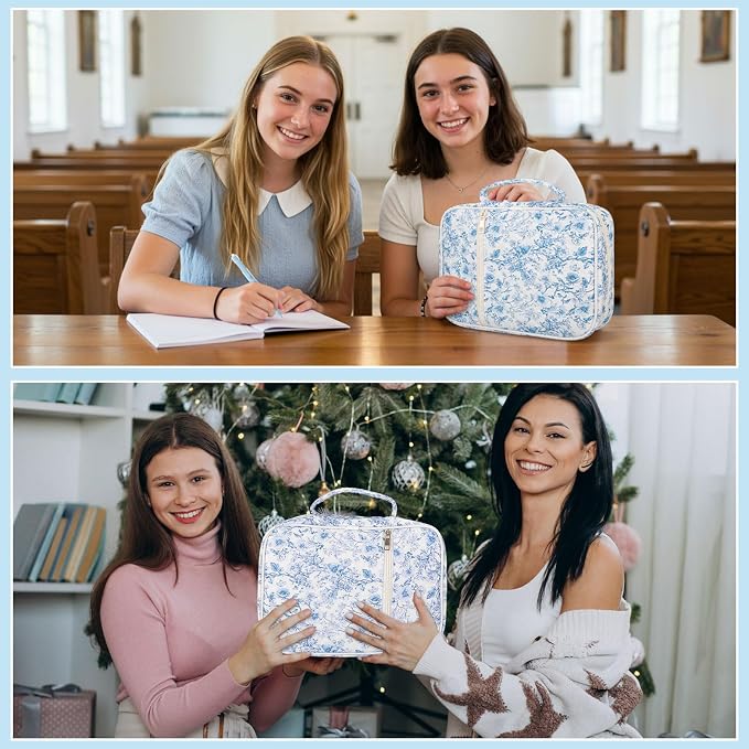 BESARME Bible Cover Case for Women, Large Bible Case Bibles Bag Christian Gifts Bridal Shower Gifts for Girls Religious Study Supplies(Blue Flower)