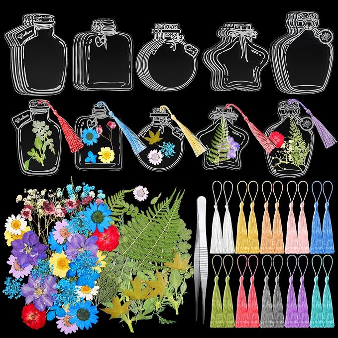 TaoBary 161 Pcs DIY Transparent Dried Flower Bookmark Set Include Clear Bookmarks Dried Flowers Colorful Tassels and Tweezer Handmade Dried Floral Bookmark for Reader Book Bottle(Cute)