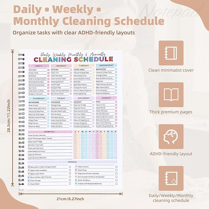 PGJ ADHD Cleaning Planner for Adults – Undated Daily, Weekly & Monthly Cleaning Schedule & Checklist – Household Chores Organizer Notebook for Home Management, Routine Tracking Family Cleaning Tasks