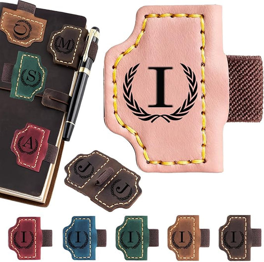 Artlaza Personalized Magnetic Leather Bookmark with Pen Holder - 26 Letters Custom Book Mark with Name Initial Engraved Book Marker for Readers, Book Lovers, Travelers - Gift for Women & Men(Pink，I