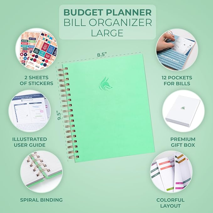 Clever Fox Budget Planner & Monthly Bill Organizer With Pockets. Expense Tracker, Budgeting Journal & Financial Book. Large, 8x9.5" (Mint Green)