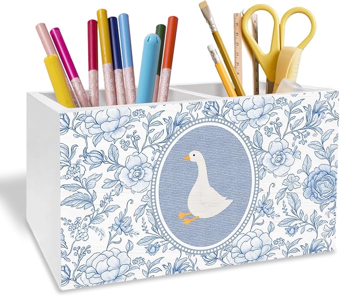 Goose Blue Chinoiserie Floral Pen Pencil Holder for Desk, Goose Nursery Decor, Vintage Blue Flower Geese Wooden Box Sign Desk Decor for Kids Girls Room Nursery Playroom Decoration
