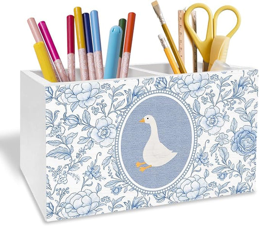 Goose Blue Chinoiserie Floral Pen Pencil Holder for Desk, Goose Nursery Decor, Vintage Blue Flower Geese Wooden Box Sign Desk Decor for Kids Girls Room Nursery Playroom Decoration