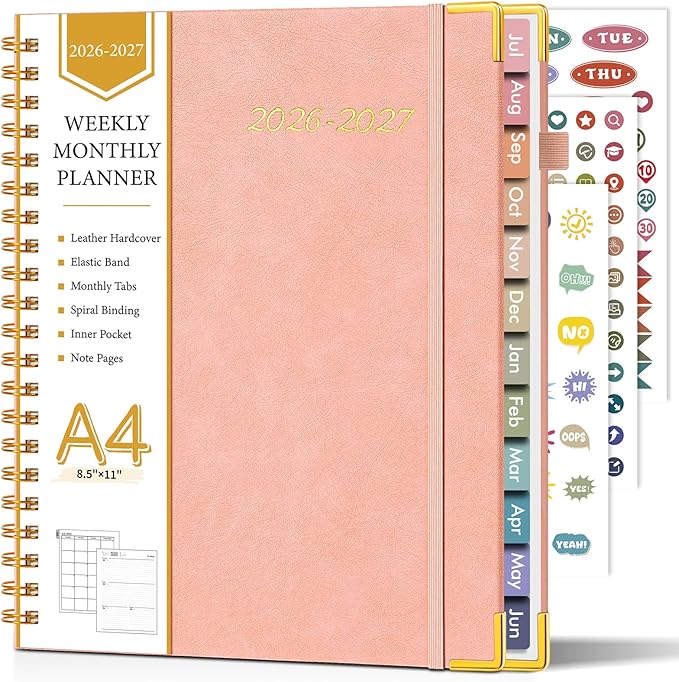 Academic Planner 2026-2027, Hardcover Leather Weekly and Monthly Calendar Planner from July 2026 - June 2027, A4 8.5" x 11" Daily Agenda with Tabs, College School Organizer for Student Teacher, Pink