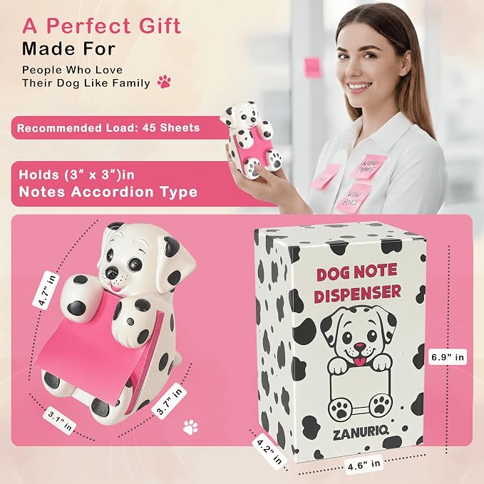 Dog Post it Note Dispenser for Desk Accessories - Pop Up Sticky Note Dispenser - Dog Sticky Note Holder Cute for Coworker & School Desk - Resin Made - Holds 3"x 3" Accordion Notes - Dalmatian Gift
