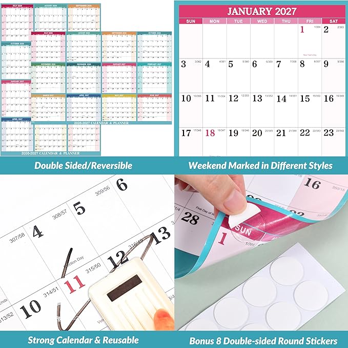 2026-2027 Yearly Wall Calendar - Dry Erase Calendar 2026-2027, July 2026 - June 2027, 34.8'' × 22.8'', 2-Sided Erasable Calendar with 8 Round Stickers