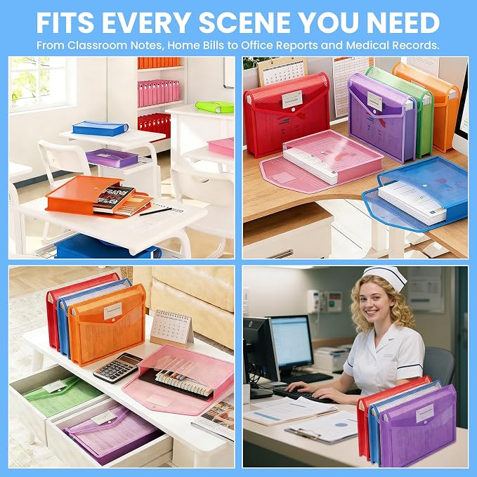 6Pcs Plastic Expanding File Folder, Transparent envelopes with Snap Closure, No Dividers, Large Capacity, Colorful File Folder Organizer, Accordion File Organizer, Fit Letter/A4 Size for Office/Home