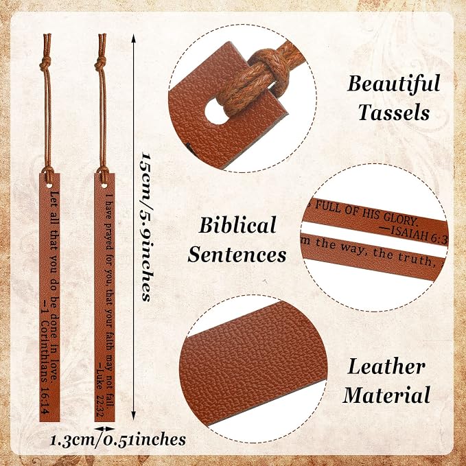 Laumoi 10 Pcs Christian Leather Bookmarks, Handmade Bible Verses Scripture Bookmarks for Women & Men, Religious Christian Gifts for Book Lovers, Church & Book Club Supplies(Elegant, Brown)