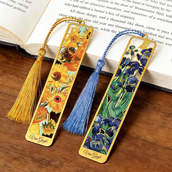 Kinsound Metal Bookmarks with Tassel, Golden Van Gogh Monet Oil Painting Theme Cute Hollow Book Markers for Reading Women, Teachers, Students, Reading Accessories Gifts for Book Lovers (Style A(4PCS))