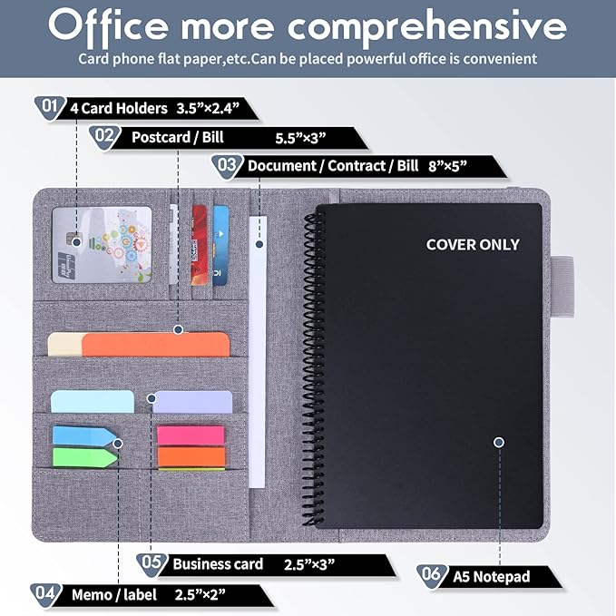 Executive Size Notebook Cover for Rocketbook A5 8.8"x6" Inch, Waterproof Portfolio Organizer with Pen Loop Holder & Card Slots, Protective Case for Journals - Business Travel & Office Use (Gray)