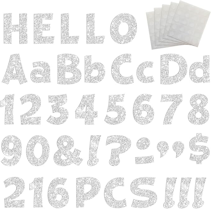 Starboling 216 Pcs Glitter Bulletin Board Letter,4 Inch Poster Board Letters self Adhesive for Mailbox Crafts Classroom School Home Decor(Silver)