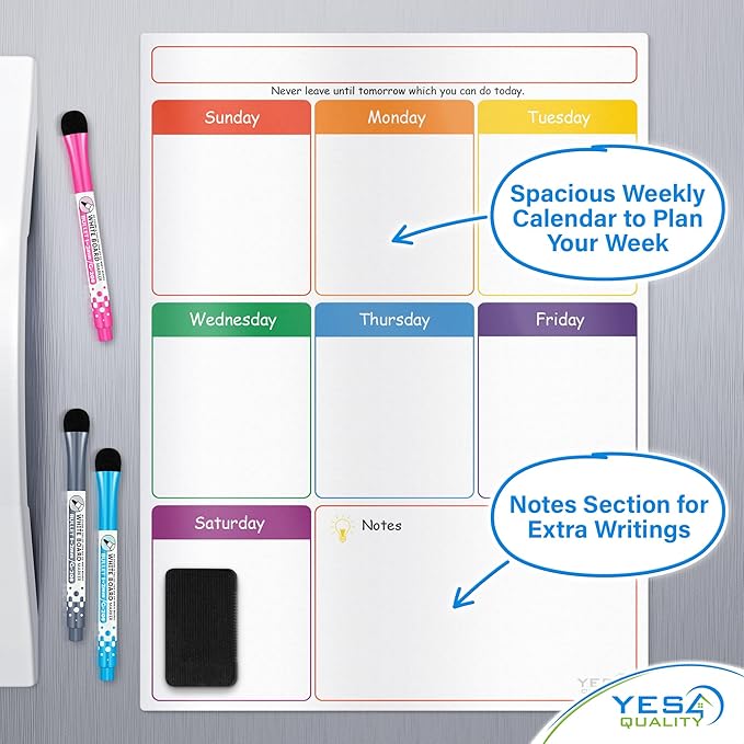 Magnetic Calendar - 16x12 Whiteboard - Dry Erase Calendar for Fridge - Monthly Refrigerator White Board Sheet with 3 Colorful Markers & Eraser, Meal Planner & Family Organizer - by Yes4Quality