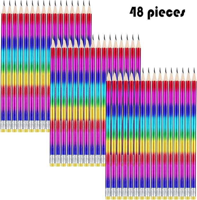 Outus 48 Pieces Rainbow Color Pencils Colorful Wood Pencils Bright Round with Eraser Top for Home Office School Classroom Supplies