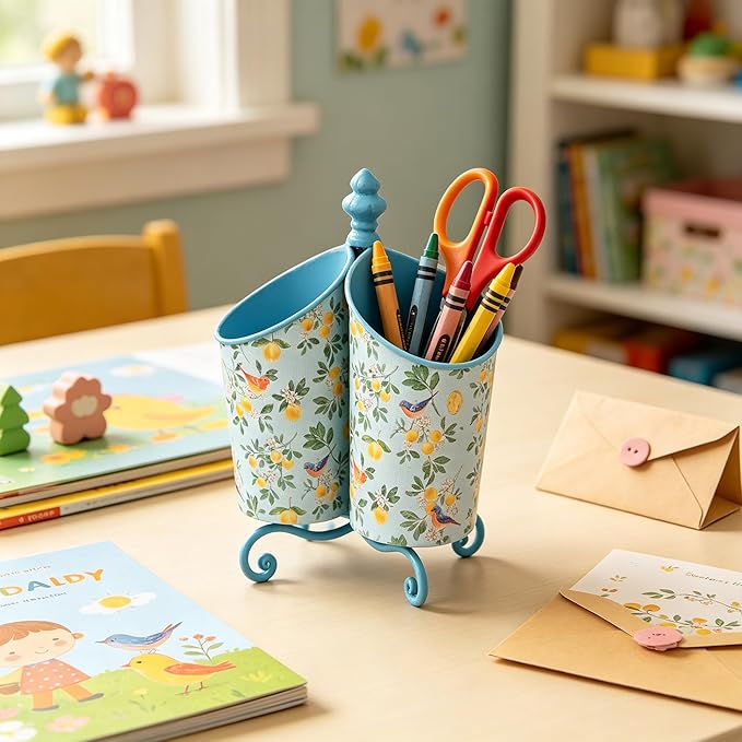 360° Rotating Metal Pen Holder for Desk, Cute Floral Bird Desktop Organizer with Dome Roof, Pencil Cup & Remote Control Holder for Home Office (Blue)
