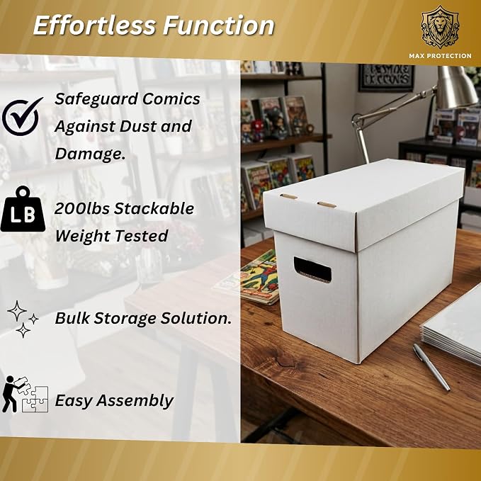 Max Protection Comic Book Storage Boxes - Pack of 3 - Short Cardboard for 150-175 Comic Books - Double Thickness Design - Premium Stackable Book Box for Silver Age & Modern Comics