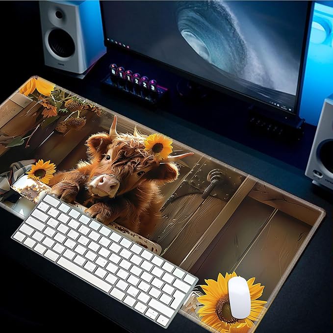 Mouse Pad Gaming Mousepad 31.5x11.8 Inch XXL Large + Coasters,Desk Mat with Stitched Edges, Non-Slip Rubber Base, Thick Mouse Pad for Computer, Laptop, Office & Home - Highland Cow Sunflower