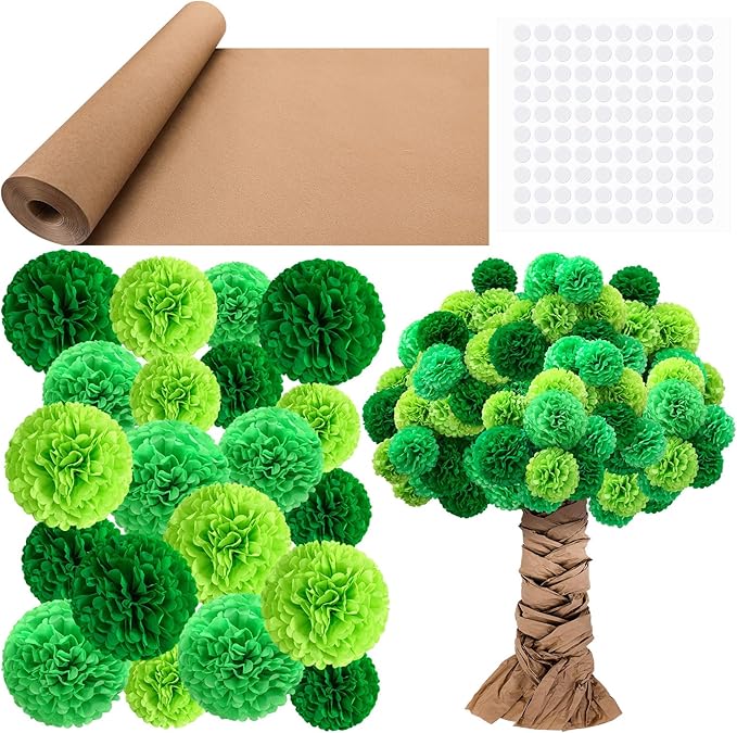 Mooliwe Classroom Tree Bulletin Board Set DIY 3D Cardboard Tree with Paper Pom Poms Kraft Craft Bulletin Board Wall 3D Decorations for School Elementary Teacher Chalkboard (Green,8, 10, 12 Inch)