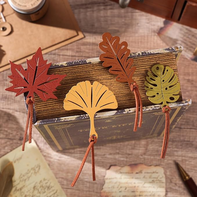 4 Pcs Vintage Wooden Bookmarks Gift Set, Retro Carved Leaf Theme Wood Bookmark with Leather Tassels, Must Have Book Mark Gift Box for Women Girls Readers Book Lovers Writers Teachers Students