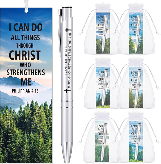 Dispowreath 24 Pcs/12 Sets I Can Do All Things Through Christ Bookmark Pen Set Include 12 Philippians 4:13 Bookmarks 12 Inspirational Religious Pens for Women Men Christian Gifts Church Party Supplies