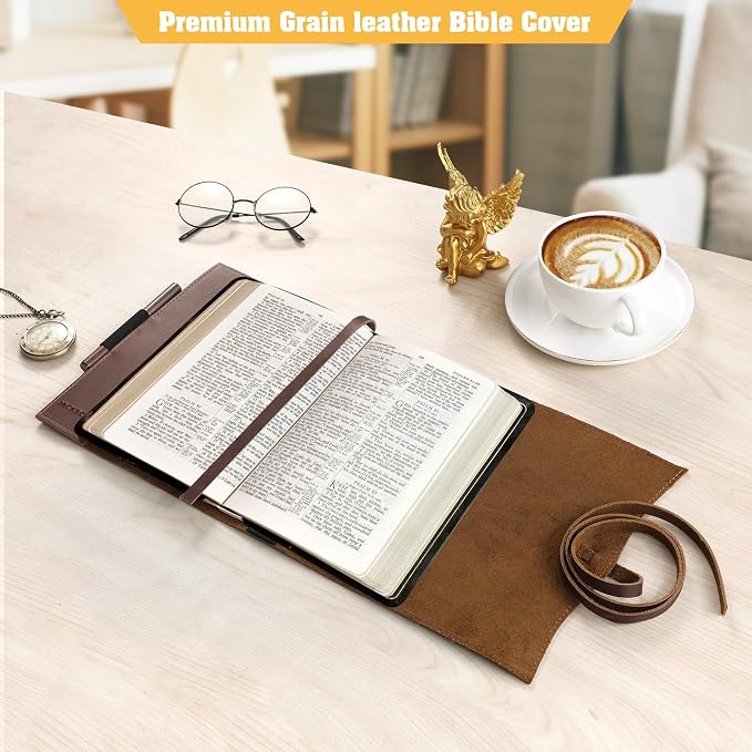 Jack&Chris Leather Bible Cover, Leather Book Cover for Men and Women, Bible Holder Strap Bible Cover Gifts, Red Brown Large