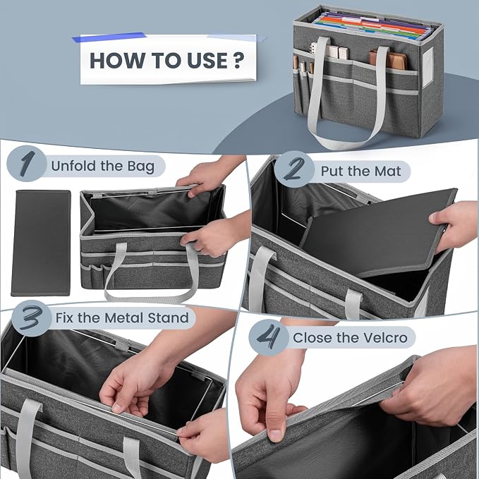 File Organizer Box, Portable Tote Bag Hanging Filing Box Desktop File Folder Document Storage Organizer with Pockets and Handles