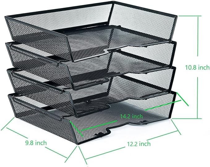 SETTFRFE 4 Tier Metal Mesh Desk Organizer-Stackable Paper Tray for Home, Office,School,Black File Storage System with Reinforced Edges