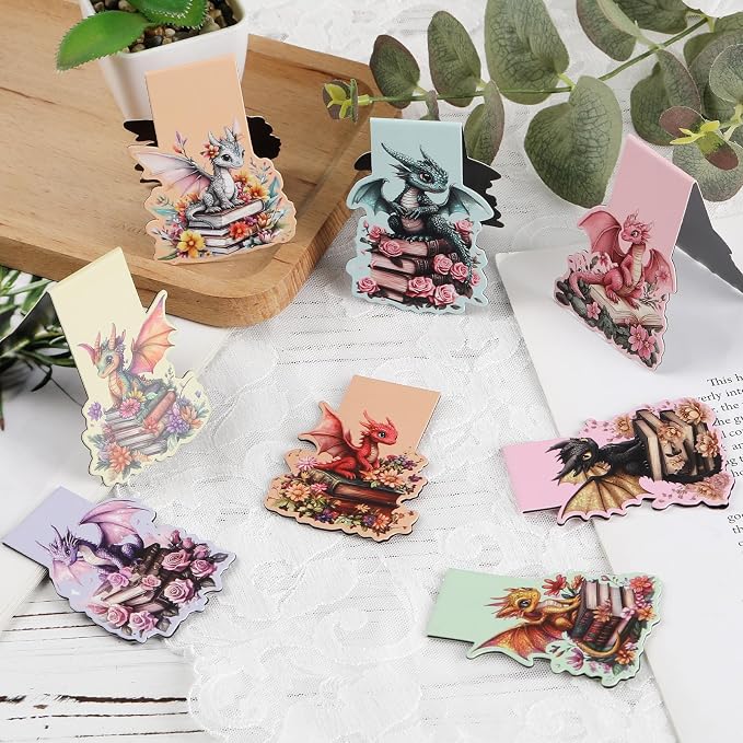Fantasy Dragon Magnetic Bookmarks - 8 PCs Funny Book Flower Marks for Reading Lovers Men Magnets Cool Unique Aesthetic Page Clip Gifts for Women Kids Novel Fans Boys Student Teacher School