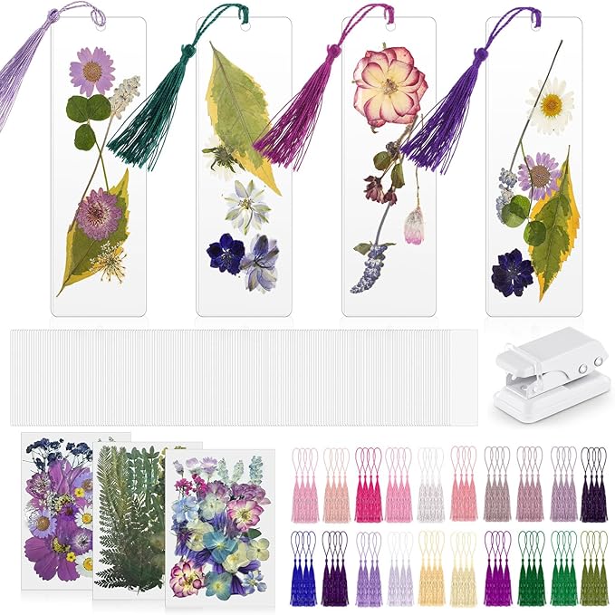 Fuyoooo 376 Pcs Dried Flower Bookmark Making Kit, DIY Bookmark Laminating Pouches with Tassels and Puncher, Handmade Craft Kit for Women, DIY Gifts for Book Lovers (Purple,2 x 8 Inch)