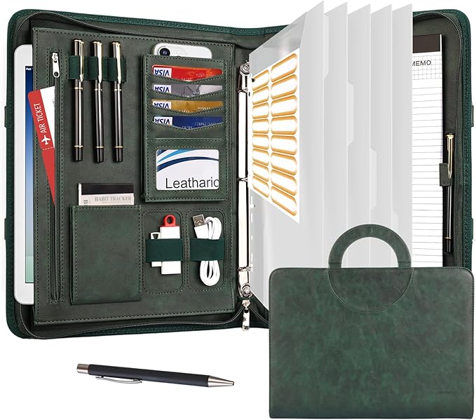 Leathario Portfolio Binder, Includes 5 Folder Index Dividers, 13 Inch Tablets Organizer with Handle, Vegan Leather A4 Padfolio, Multi-Pocket Notepad Business Planner Professional Document