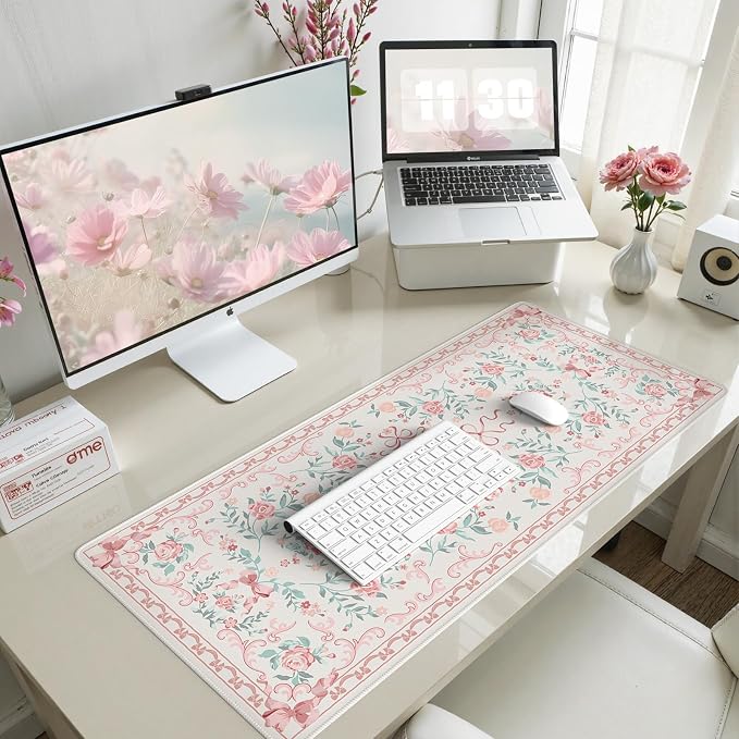 HAOCOO Pink Desktop Mat with Bow, Cute Large Mouse Pad for Office, Non-Slip Waterproof Desk Pad for Keyboard and Mouse, Floral Aesthetic Desktop Mat, Girly Home & Cubicle Supplies