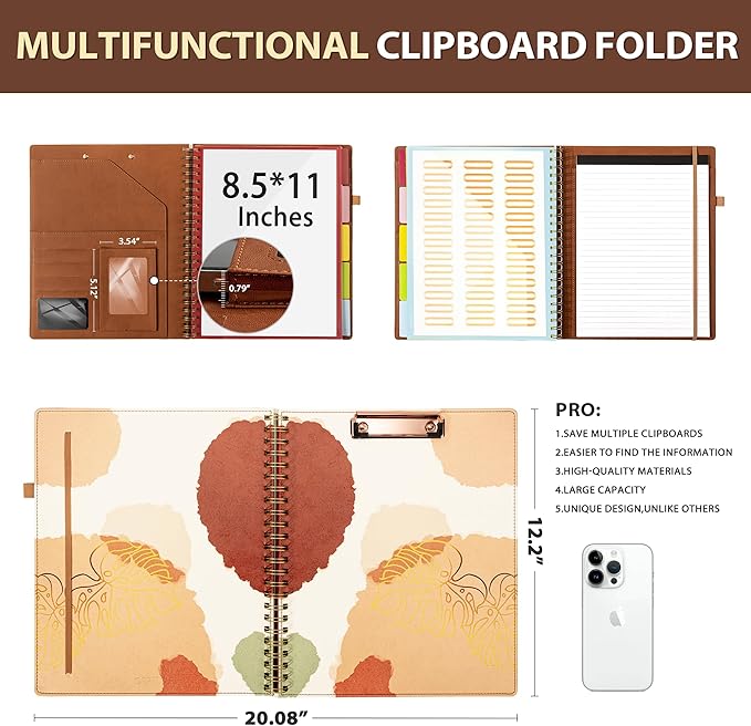 Ospelelf Clipboard with Storage for Men Women, Leather Padfolio Portfolio Organizer 5 Folders with 10 Pockets, Spiral Clipboard Folio with Notepad for Letter Size, Elastic Closure and Pen Loop Brown